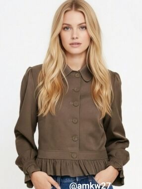 Juicy Couture Jacket Button Down Ruffle Hem & Cuffs Brown Green Size 12